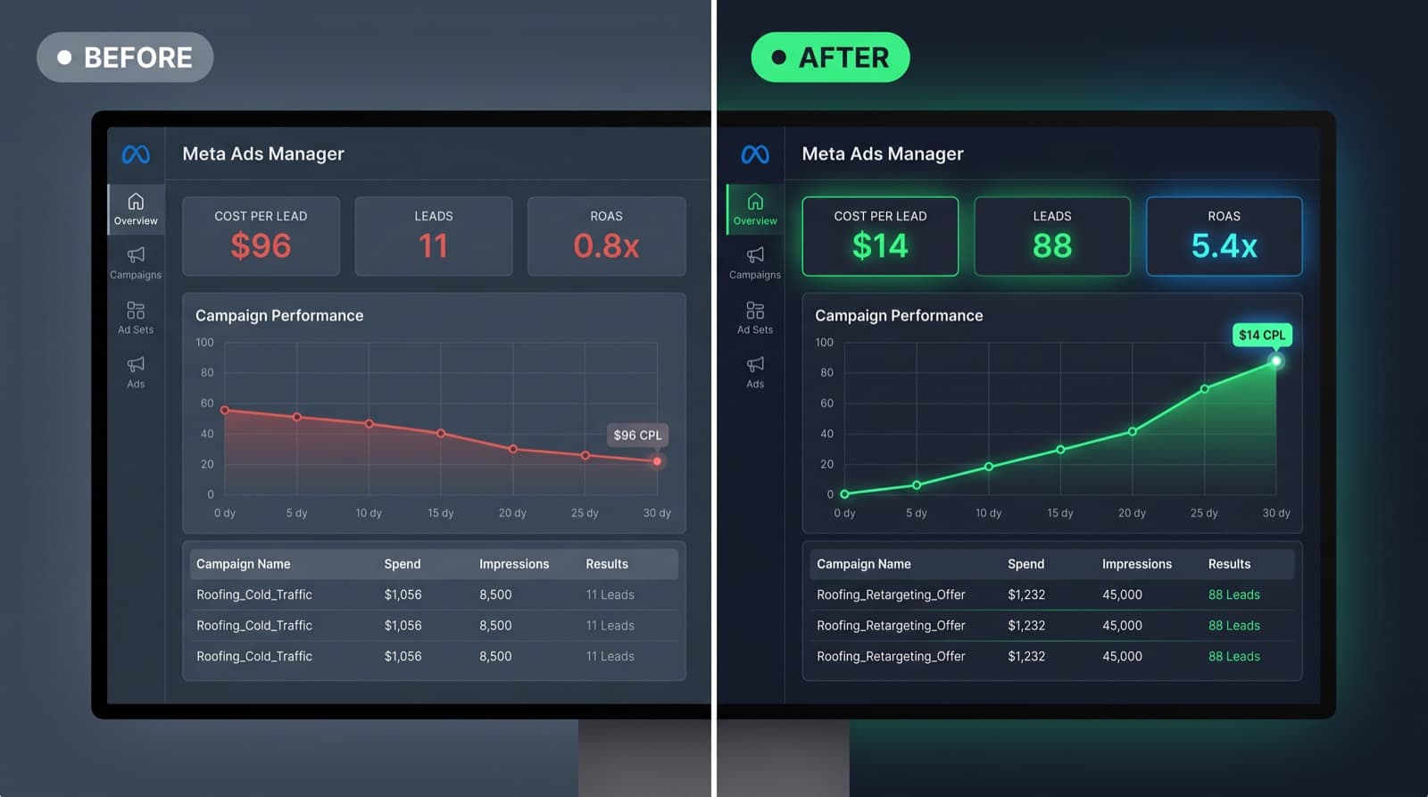 Roofing Meta Ads Manager before and after SaaSi