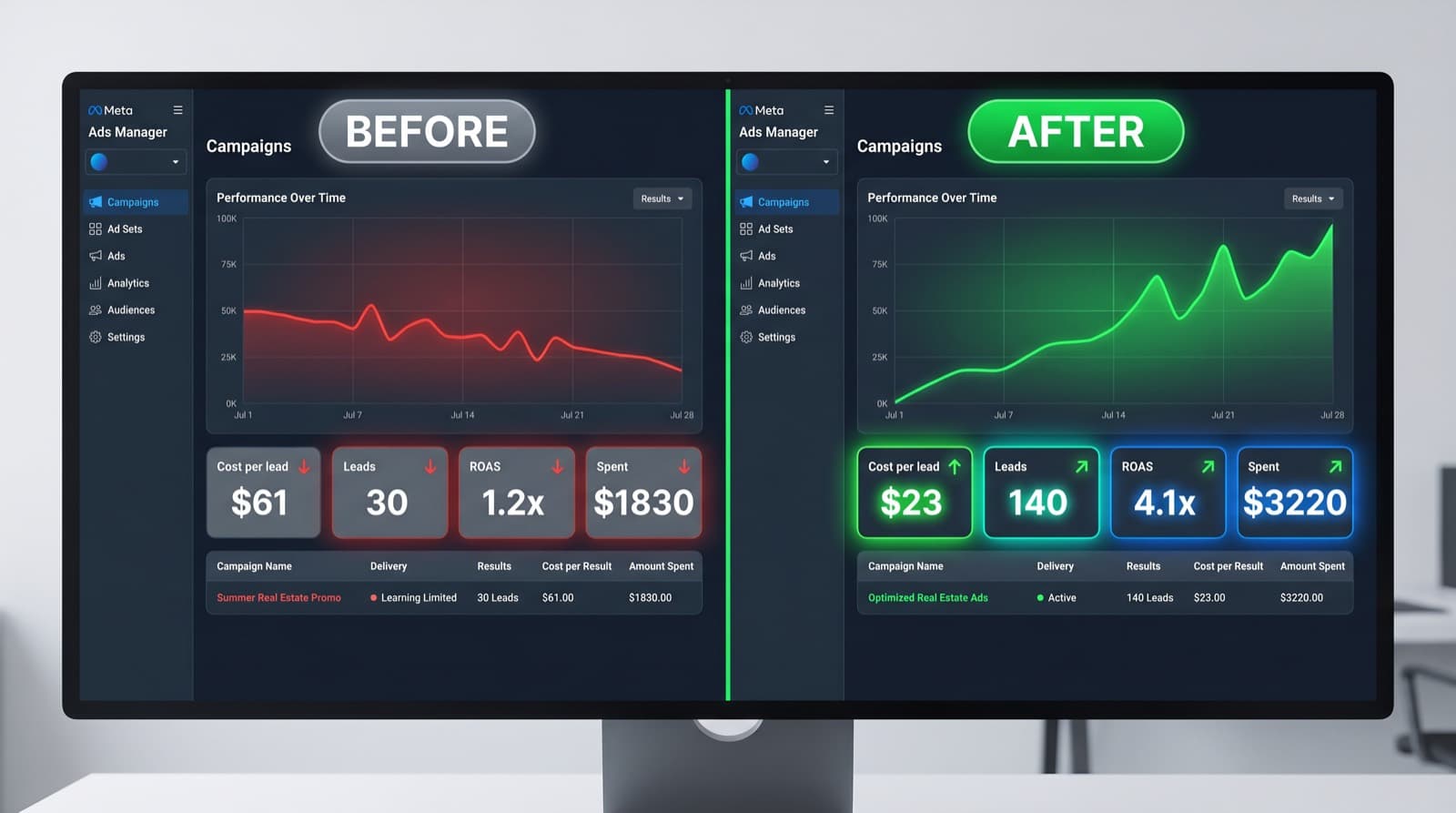 Real Estate Meta Ads Manager before and after SaaSi